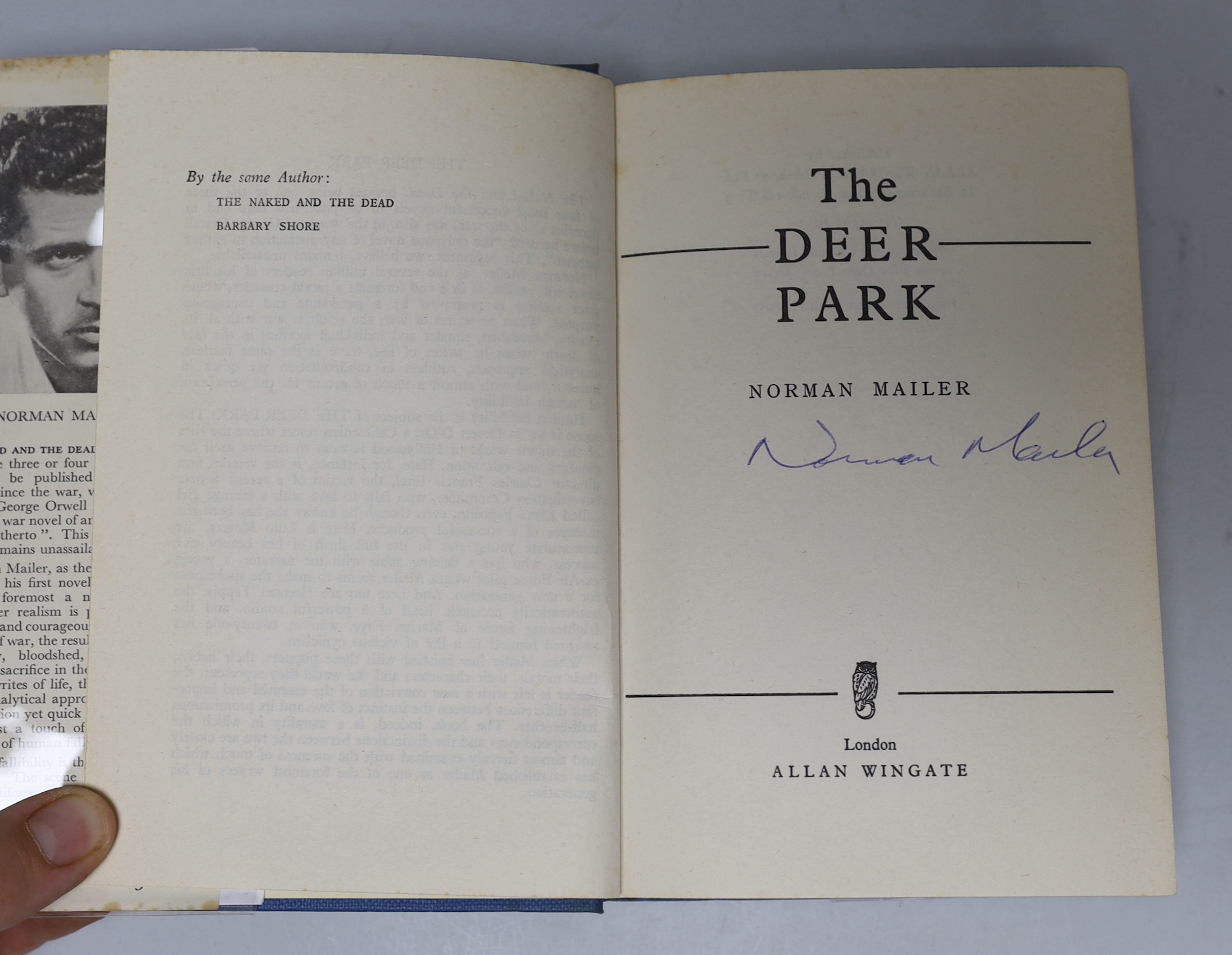 Mailer, Norman - The Deer Park, 1st UK edition, 1st impression, signed by the author to title, publisher’s French blue cloth in unclipped d/j, Allan Wingate, London, 1957